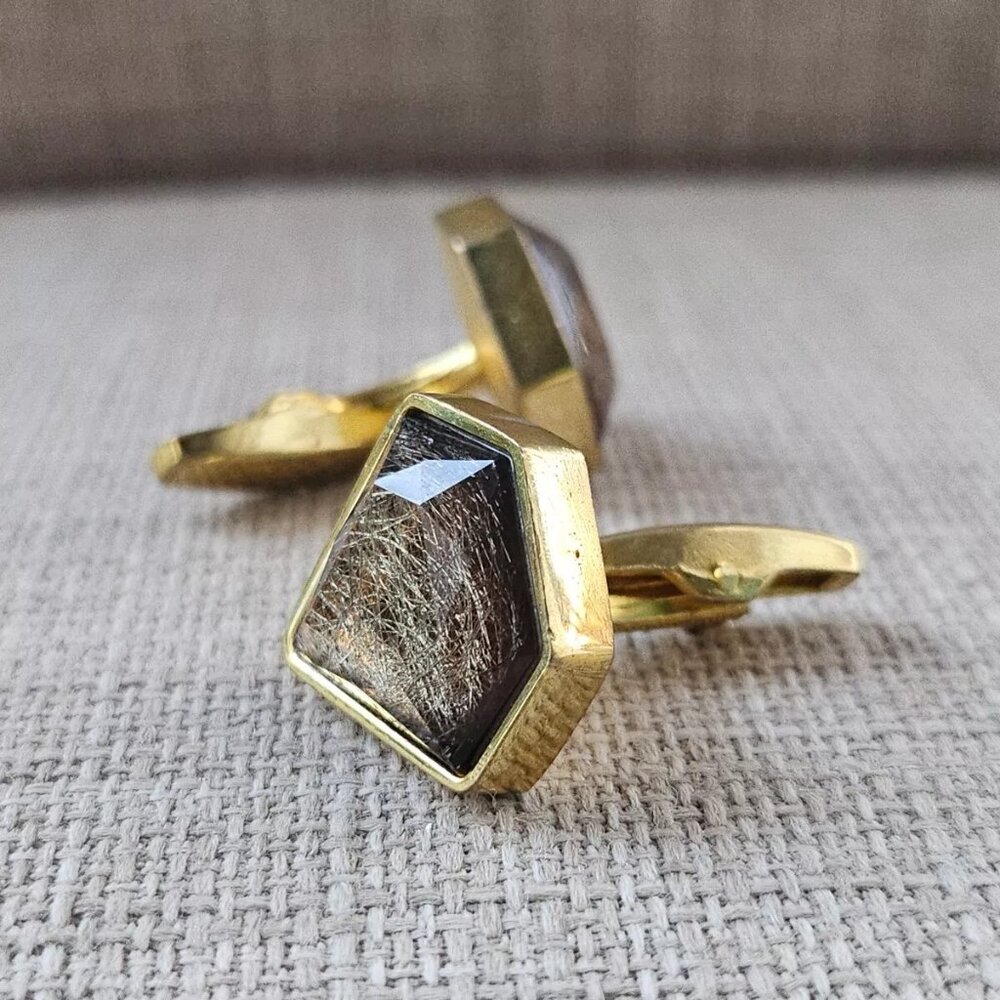 Men Cuff Links Brown Faux Stone Gold Tone Fashion Jewelry Cuff Stud Cufflink New - Picture 7 of 10